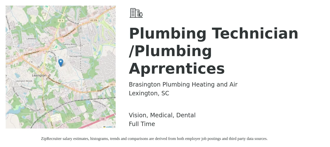 Brasington Plumbing Heating and Air job posting for a Plumbing Technician /Plumbing Aprrentices in Lexington, SC with a salary of $600 to $2,500 Weekly and benefits including dental, life_insurance, medical, pto, and vision with a map of Lexington location.