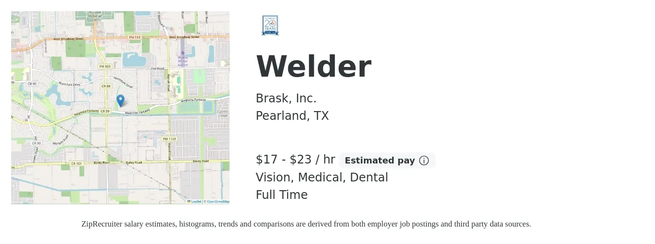 Brask, Inc. job posting for a Welder in Pearland, TX with a salary of $18 to $24 Hourly and benefits including dental, life_insurance, medical, retirement, and vision with a map of Pearland location.
