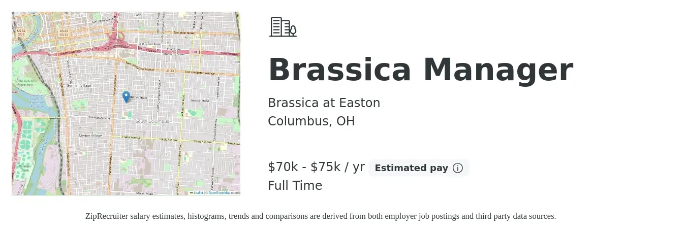 Brassica at Easton job posting for a Brassica Manager in Columbus, OH with a salary of $70,000 to $75,000 Yearly with a map of Columbus location.