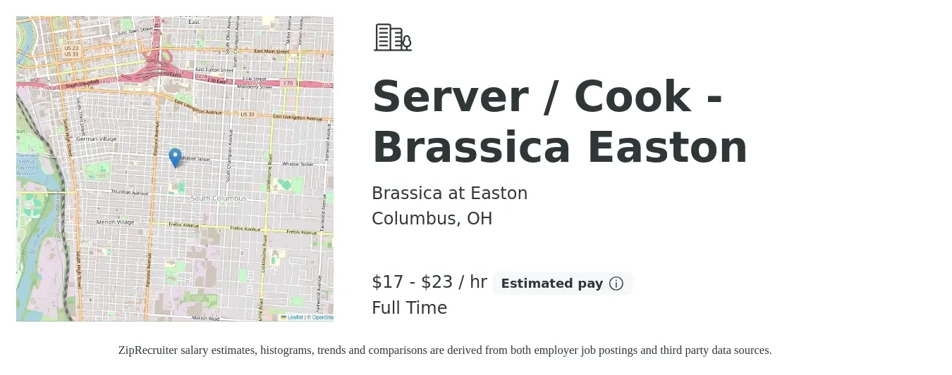 Brassica at Easton job posting for a Server / Cook - Brassica Easton in Columbus, OH with a salary of $18 to $24 Hourly with a map of Columbus location.