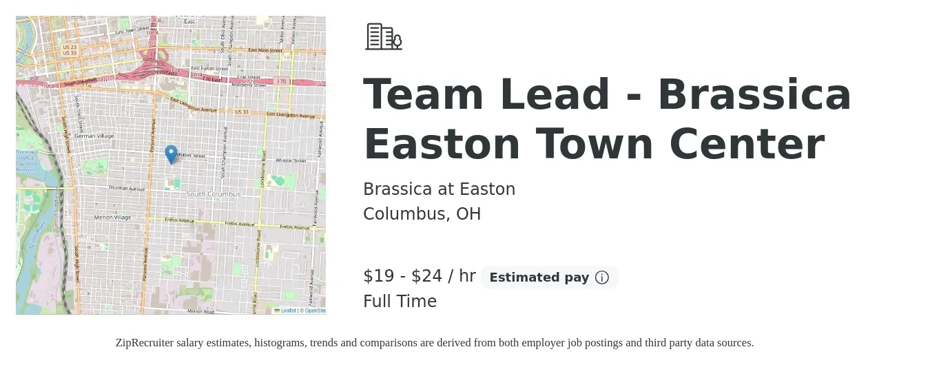 Brassica at Easton job posting for a Team Lead - Brassica Easton Town Center in Columbus, OH with a salary of $20 to $25 Hourly with a map of Columbus location.