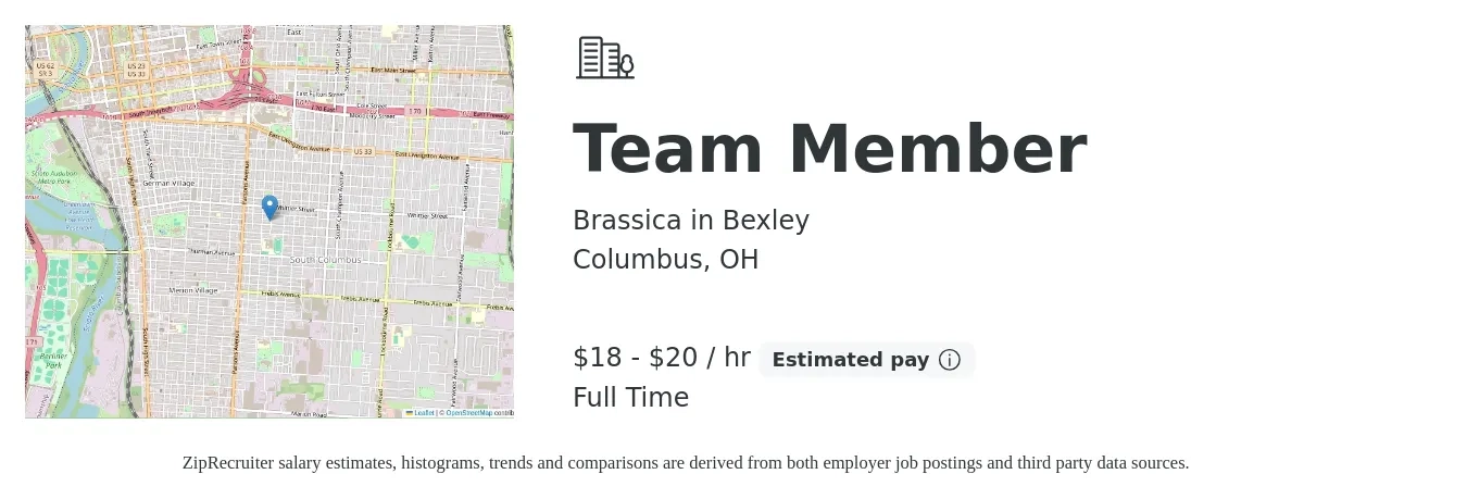 Brassica in Bexley job posting for a Team Member in Columbus, OH with a salary of $19 to $21 Hourly with a map of Columbus location.