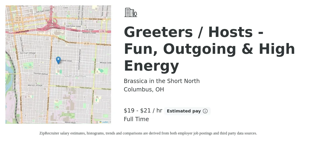 Brassica in the Short North job posting for a Greeters / Hosts - Fun, Outgoing & High Energy in Columbus, OH with a salary of $20 to $22 Hourly with a map of Columbus location.