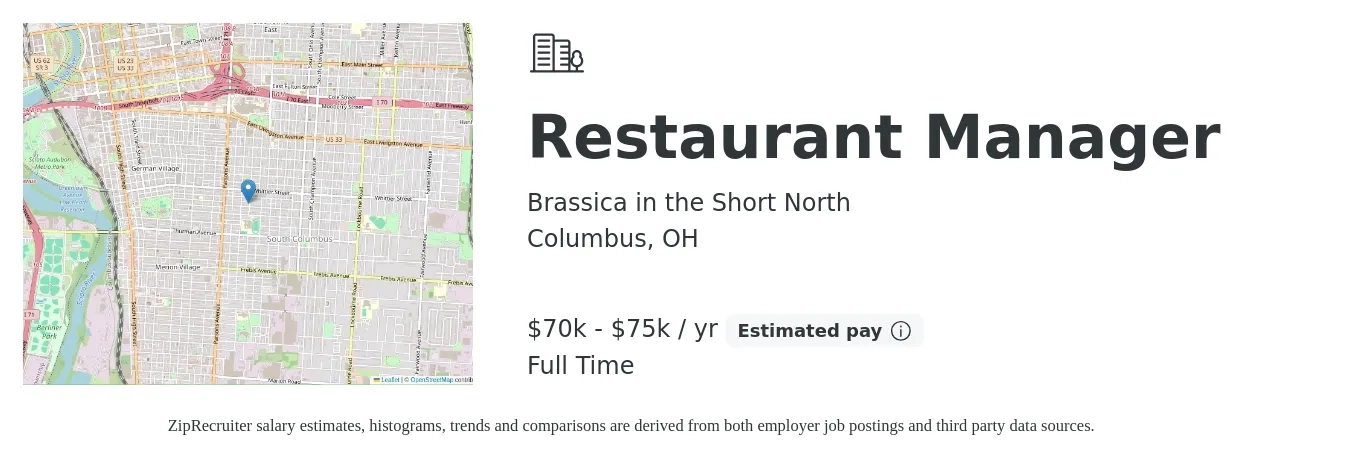 Brassica in the Short North job posting for a Restaurant Manager in Columbus, OH with a salary of $70,000 to $75,000 Yearly with a map of Columbus location.