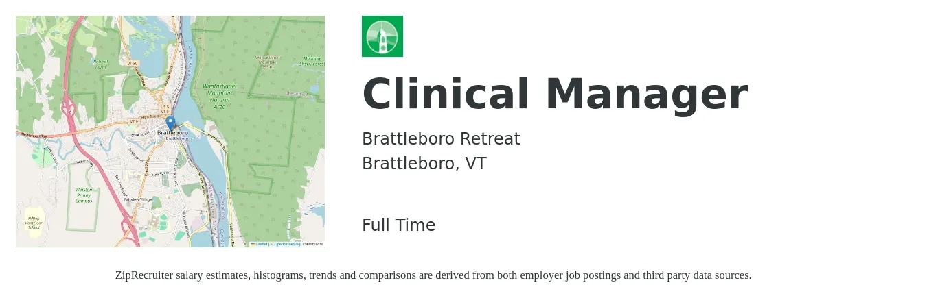 Brattleboro Retreat job posting for a Clinical Manager in Brattleboro, VT with a salary of $64,800 to $89,600 Yearly with a map of Brattleboro location.