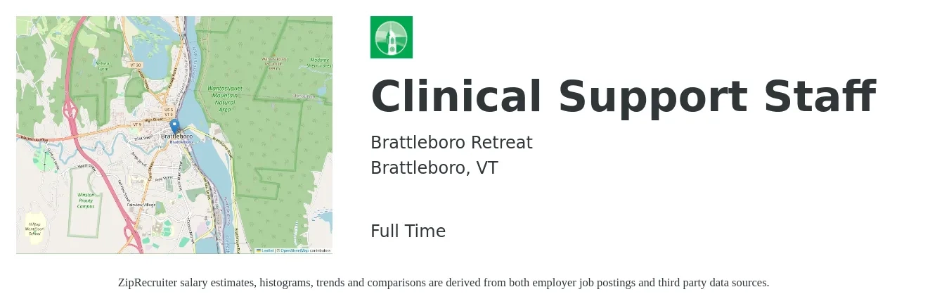 Brattleboro Retreat job posting for a Clinical Support Staff in Brattleboro, VT with a salary of $26 to $33 Hourly with a map of Brattleboro location.