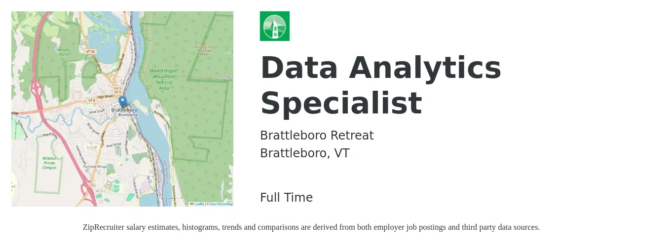 Brattleboro Retreat job posting for a Data Analytics Specialist in Brattleboro, VT with a salary of $60,300 to $97,700 Yearly with a map of Brattleboro location.