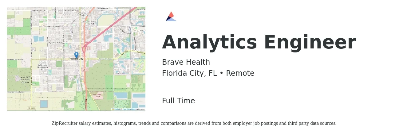 Brave Health job posting for a Analytics Engineer in Florida City, FL with a salary of $77,300 to $107,200 Yearly with a map of Florida City location.