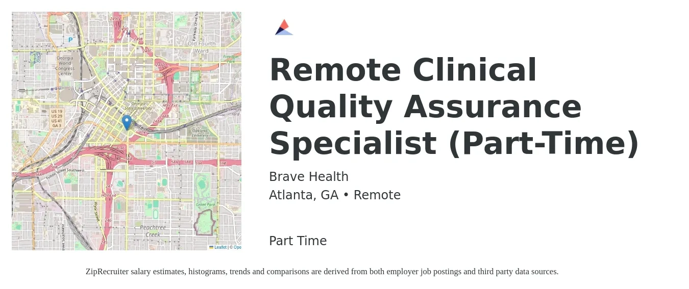 Brave Health job posting for a Remote Clinical Quality Assurance Specialist (Part-Time) in Atlanta, GA with a salary of $35 to $47 Hourly with a map of Atlanta location.