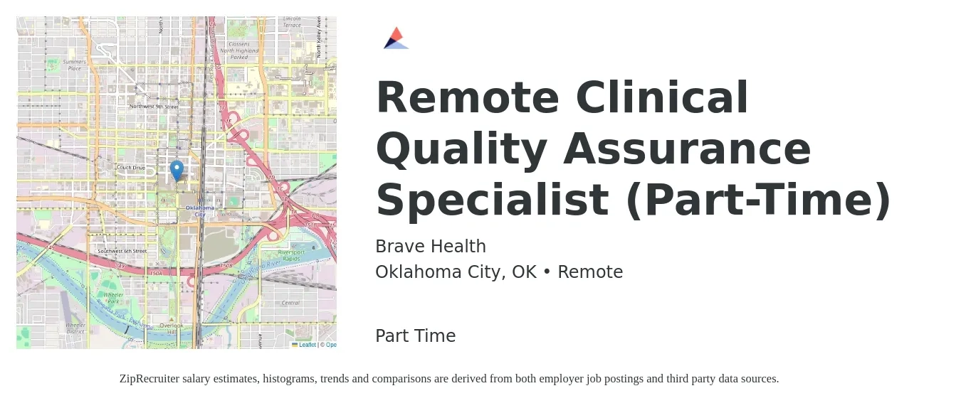 Brave Health job posting for a Remote Clinical Quality Assurance Specialist (Part-Time) in Oklahoma City, OK with a salary of $34 to $45 Hourly with a map of Oklahoma City location.