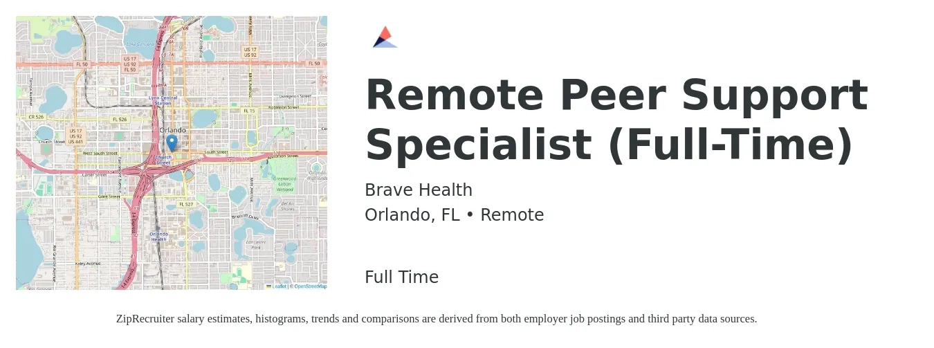 Brave Health job posting for a Remote Peer Support Specialist (Full-Time) in Orlando, FL with a salary of $16 to $21 Hourly with a map of Orlando location.