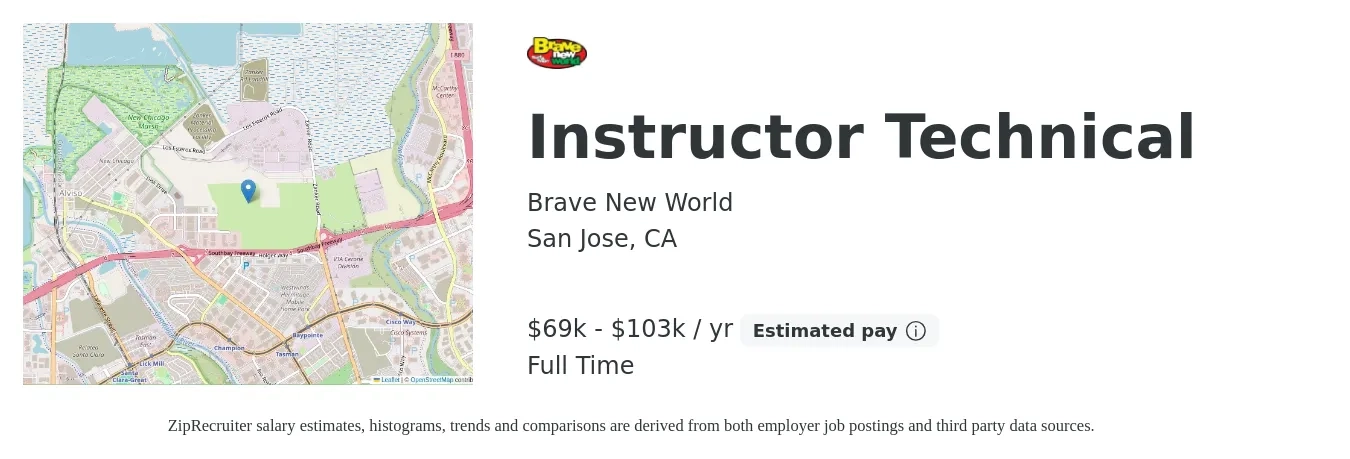 Brave New World job posting for a Instructor Technical in San Jose, CA with a salary of $69,000 to $103,000 Yearly and benefits including vision, dental, and medical with a map of San Jose location.