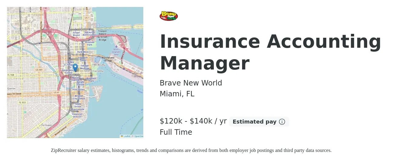 Brave New World job posting for a Insurance Accounting Manager in Miami, FL with a salary of $120,000 to $140,000 Yearly with a map of Miami location.