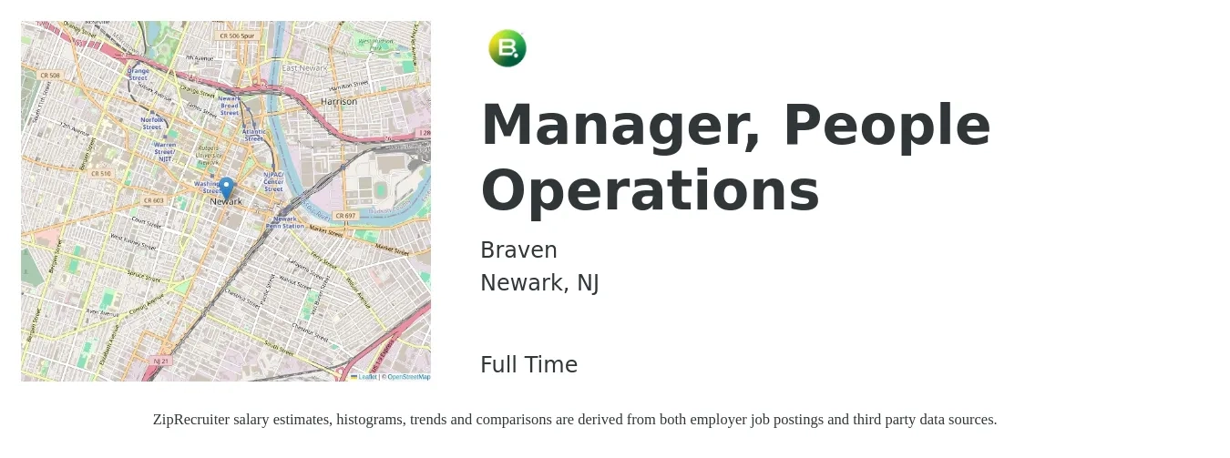 Braven job posting for a Manager, People Operations in Newark, NJ with a salary of $42,900 to $81,000 Yearly with a map of Newark location.