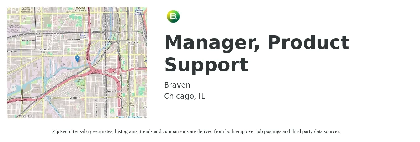 Braven job posting for a Manager, Product Support in Chicago, IL with a salary of $70,600 to $108,700 Yearly with a map of Chicago location.