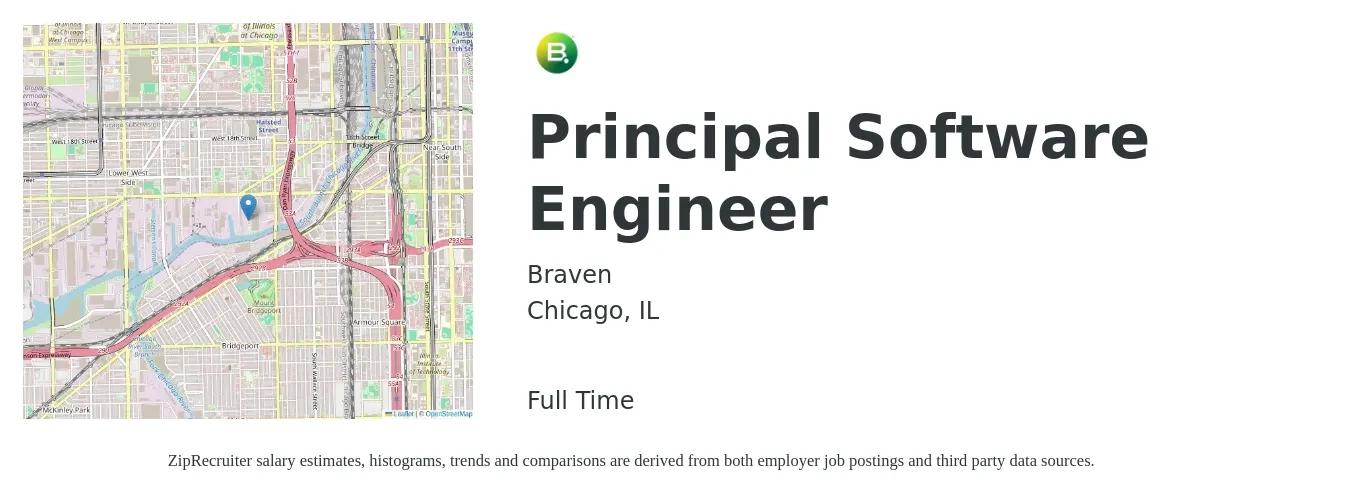 Braven job posting for a Principal Software Engineer in Chicago, IL with a salary of $139,100 to $186,500 Yearly with a map of Chicago location.