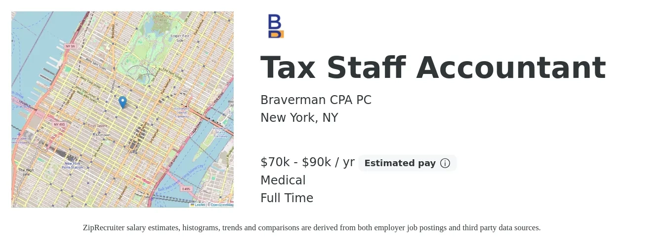 Braverman CPA PC job posting for a Tax Staff Accountant in New York, NY with a salary of $70,000 to $90,000 Yearly and benefits including medical, pto, and retirement with a map of New York location.