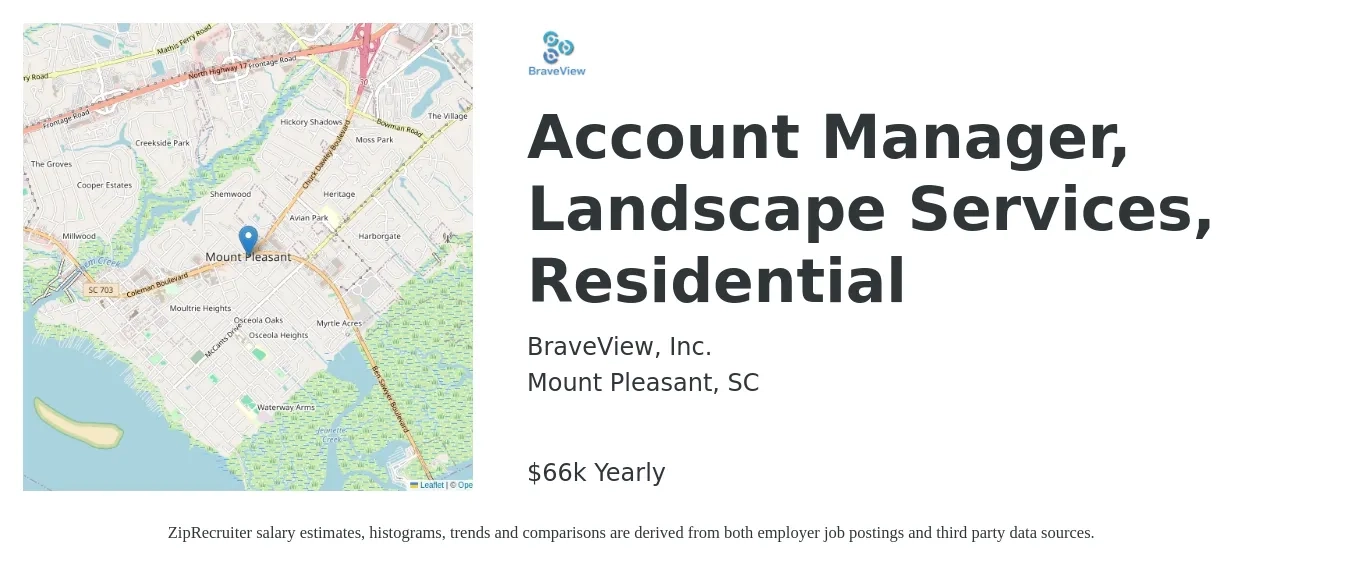 BraveView, Inc. job posting for a Account Manager, Landscape Services, Residential in Mount Pleasant, SC with a salary of $66,000 Yearly with a map of Mount Pleasant location.