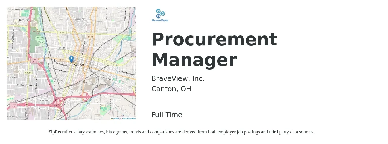 BraveView, Inc. job posting for a Procurement Manager in Canton, OH with a salary of $65,800 to $101,400 Yearly with a map of Canton location.