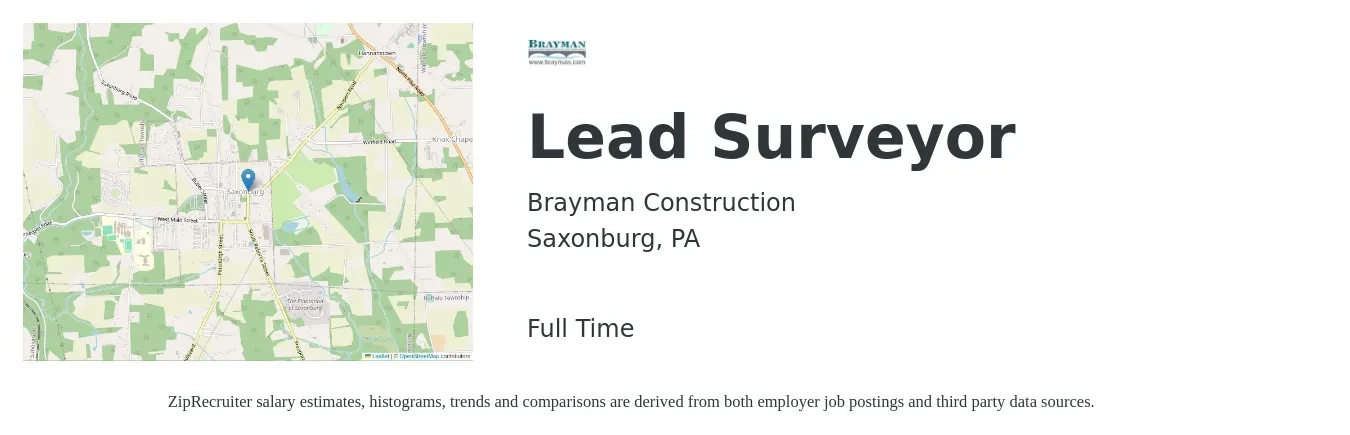 Brayman Construction job posting for a Lead Surveyor in Saxonburg, PA with a salary of $47,900 to $83,500 Yearly with a map of Saxonburg location.