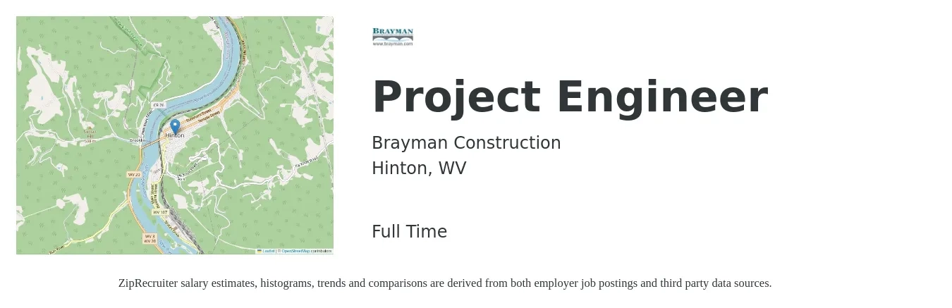 Brayman Construction job posting for a Project Engineer in Hinton, WV with a salary of $70,200 to $98,100 Yearly with a map of Hinton location.