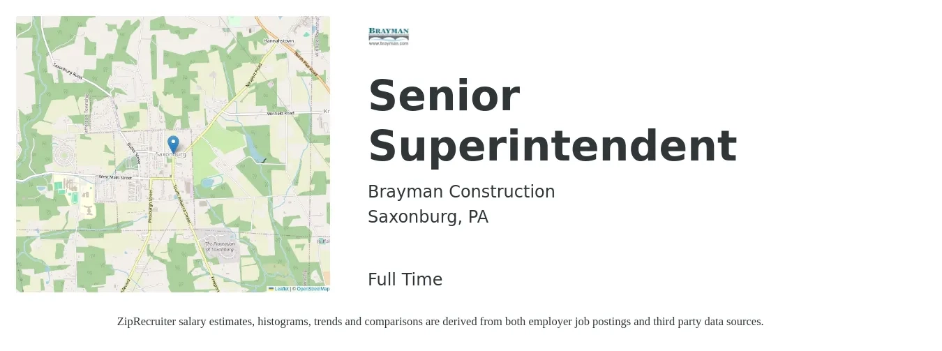 Brayman Construction job posting for a Senior Superintendent in Saxonburg, PA with a salary of $77,100 to $135,100 Yearly with a map of Saxonburg location.