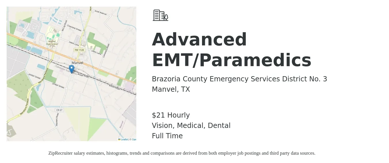 Brazoria County Emergency Services District No. 3 job posting for a Advanced EMT/Paramedics in Manvel, TX with a salary of $23 Hourly and benefits including vision, dental, life_insurance, medical, pto, and retirement with a map of Manvel location.