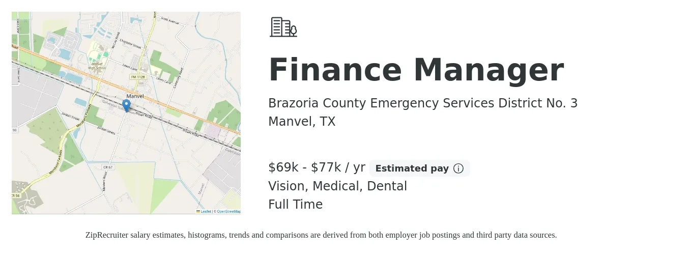Brazoria County Emergency Services District No. 3 job posting for a Finance Manager in Manvel, TX with a salary of $69,250 to $77,600 Yearly and benefits including dental, life_insurance, medical, pto, retirement, and vision with a map of Manvel location.