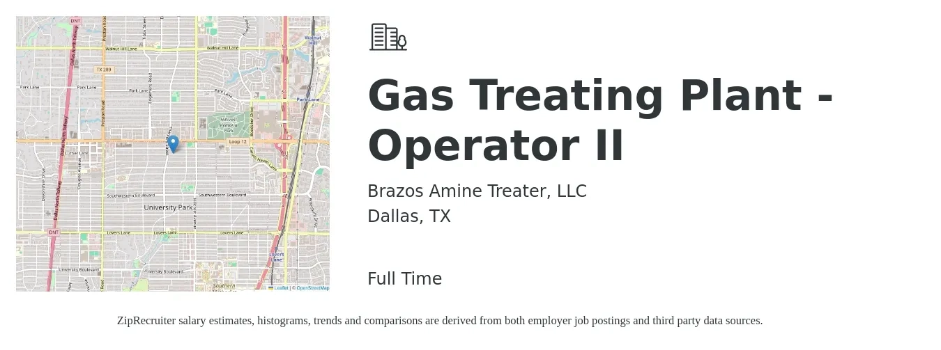 Brazos Amine Treater, LLC job posting for a Gas Treating Plant - Operator II in Dallas, TX with a salary of $17 to $26 Hourly with a map of Dallas location.
