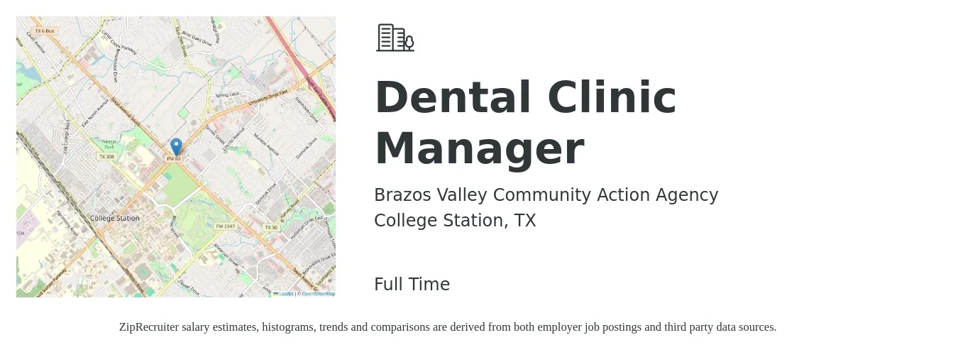 Brazos Valley Community Action Agency job posting for a Dental Clinic Manager in College Station, TX with a salary of $55,500 to $76,700 Yearly with a map of College Station location.