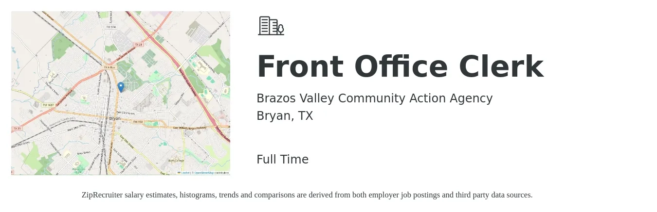 Brazos Valley Community Action Agency job posting for a Front Office Clerk in Bryan, TX with a salary of $12 to $16 Hourly with a map of Bryan location.