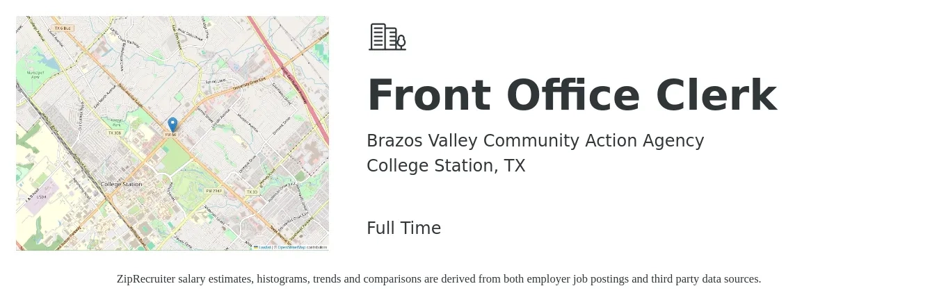Brazos Valley Community Action Agency job posting for a Front Office Clerk in College Station, TX with a salary of $12 to $15 Hourly with a map of College Station location.