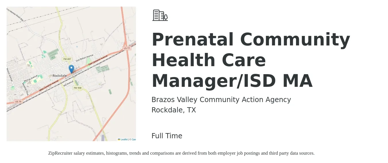 Brazos Valley Community Action Agency job posting for a Prenatal Community Health Care Manager/ISD MA in Rockdale, TX with a salary of $16 to $20 Hourly with a map of Rockdale location.