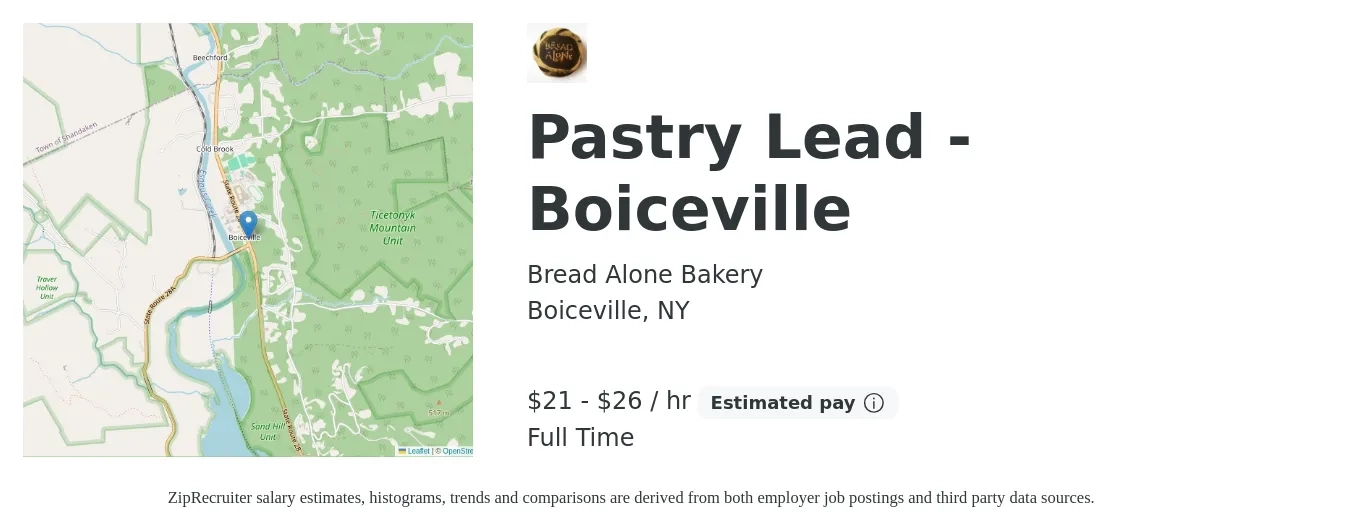 Bread Alone Bakery job posting for a Pastry Lead - Boiceville in Boiceville, NY with a salary of $22 to $28 Hourly with a map of Boiceville location.