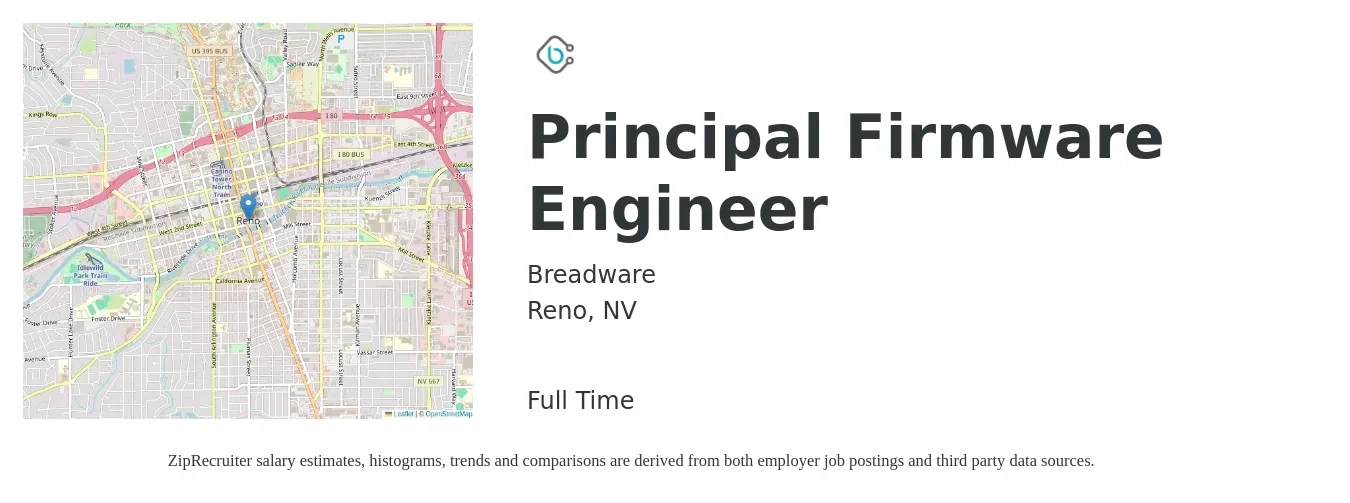 Breadware job posting for a Principal Firmware Engineer in Reno, NV with a salary of $80,000 to $115,000 Yearly with a map of Reno location.