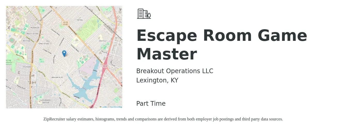 Breakout Operations, LLC job posting for a Escape Room Game Master in Lexington, KY with a salary of $12 to $13 Hourly with a map of Lexington location.