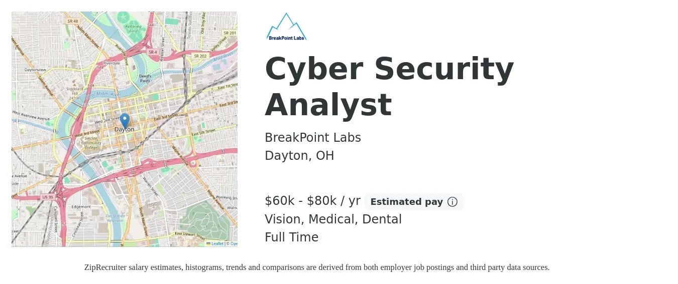 BreakPoint Labs job posting for a Cyber Security Analyst in Dayton, OH with a salary of $60,000 to $80,000 Yearly and benefits including dental, medical, retirement, and vision with a map of Dayton location.