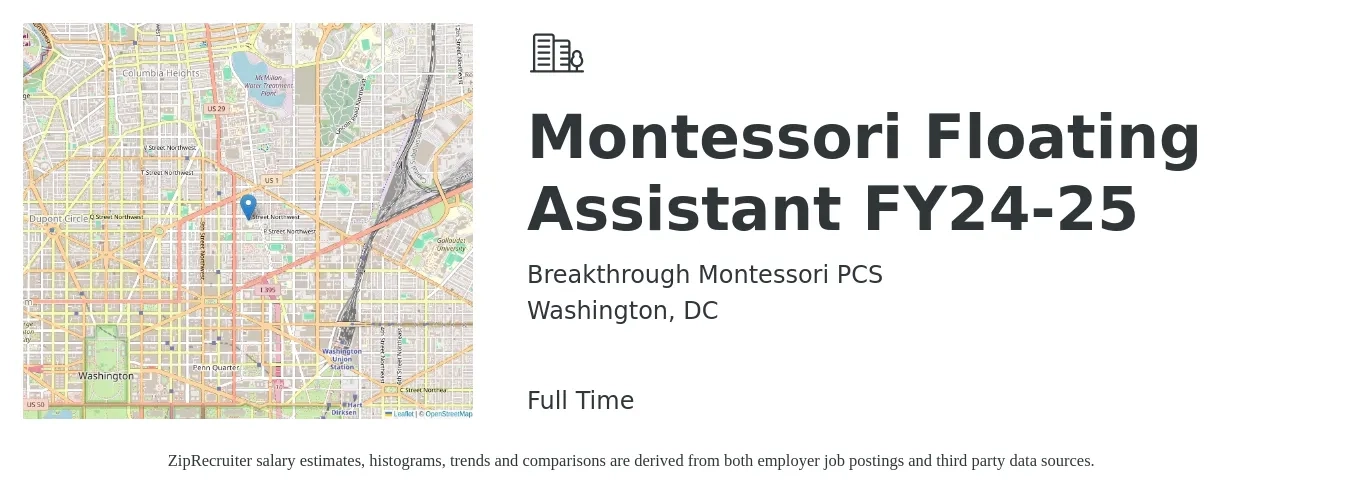 Breakthrough Montessori PCS job posting for a Montessori Floating Assistant FY24-25 in Washington, DC with a salary of $38,500 Yearly with a map of Washington location.