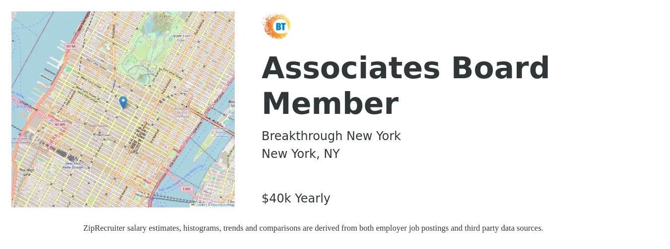 Breakthrough New York job posting for a Associates Board Member in New York, NY with a salary of $40,000 Yearly with a map of New York location.
