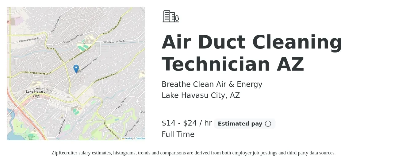 Breathe Clean Air & Energy job posting for a Air Duct Cleaning Technician AZ in Lake Havasu City, AZ with a salary of $15 to $25 Hourly with a map of Lake Havasu City location.
