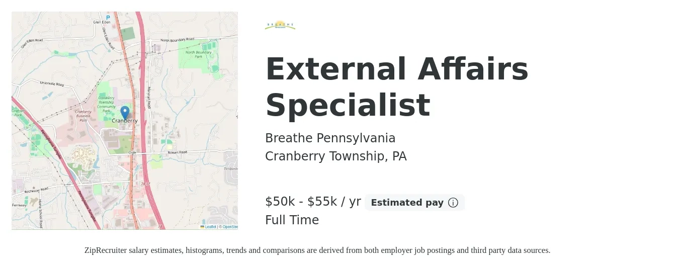 Breathe Pennsylvania job posting for a External Affairs Specialist in Cranberry Township, PA with a salary of $50,000 to $55,000 Yearly with a map of Cranberry Township location.