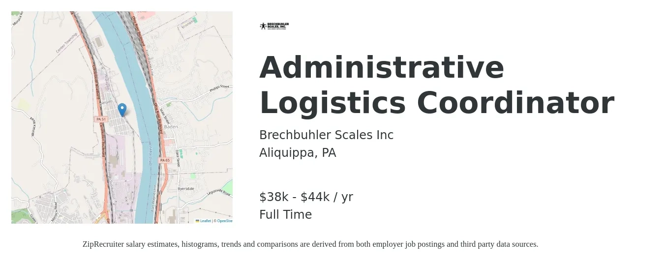 Brechbuhler Scales Inc job posting for a Administrative Logistics Coordinator in Aliquippa, PA with a salary of $38,000 to $44,000 Yearly with a map of Aliquippa location.