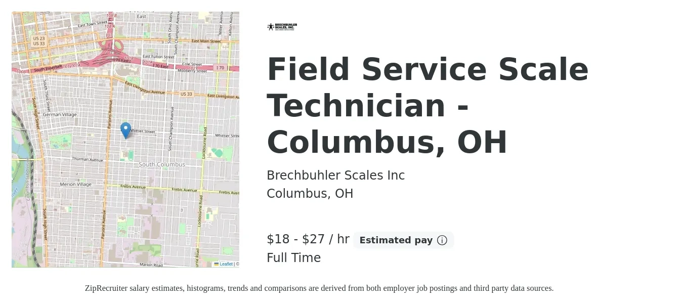 Brechbuhler Scales Inc job posting for a Field Service Scale Technician - Columbus, OH in Columbus, OH with a salary of $19 to $29 Hourly with a map of Columbus location.