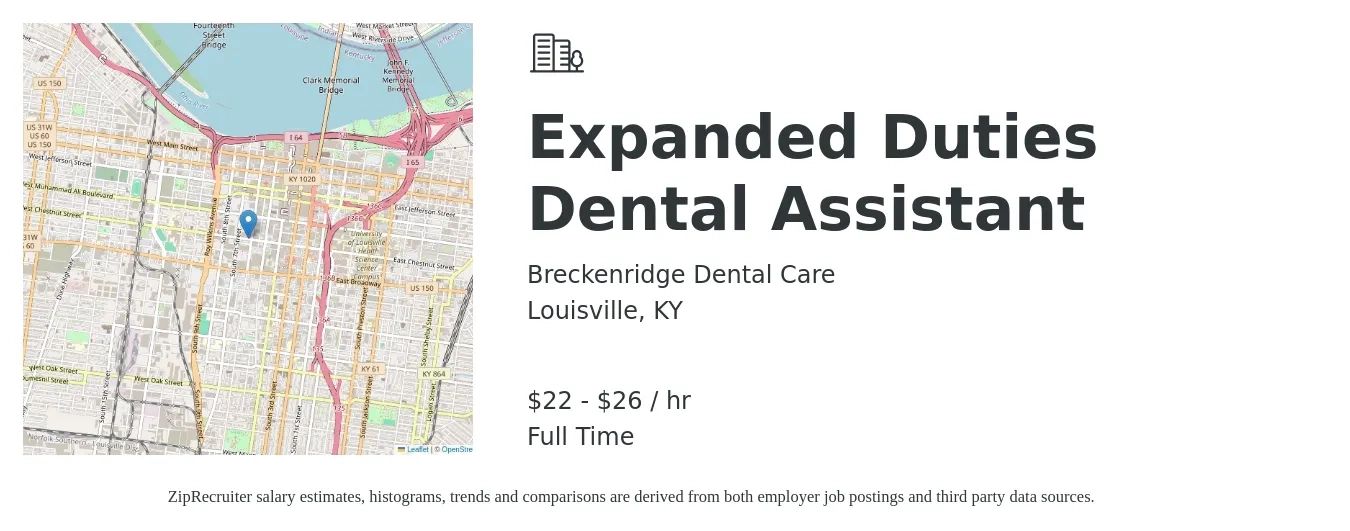 Breckenridge Dental Care job posting for a Expanded Duties Dental Assistant in Louisville, KY with a salary of $23 to $28 Hourly with a map of Louisville location.