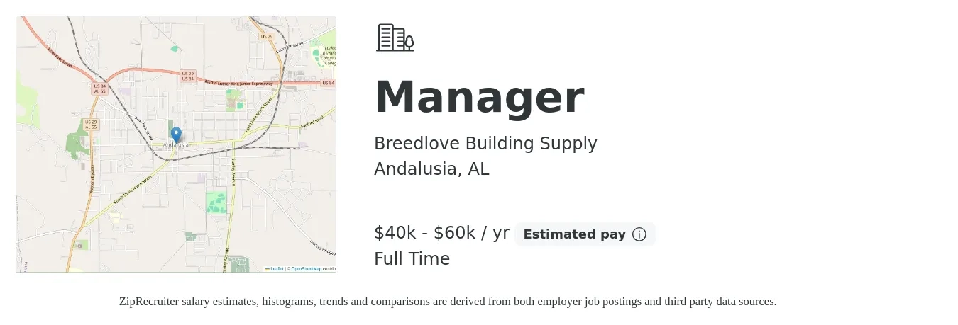Breedlove Building Supply job posting for a Manager in Andalusia, AL with a salary of $40,000 to $60,000 Yearly with a map of Andalusia location.
