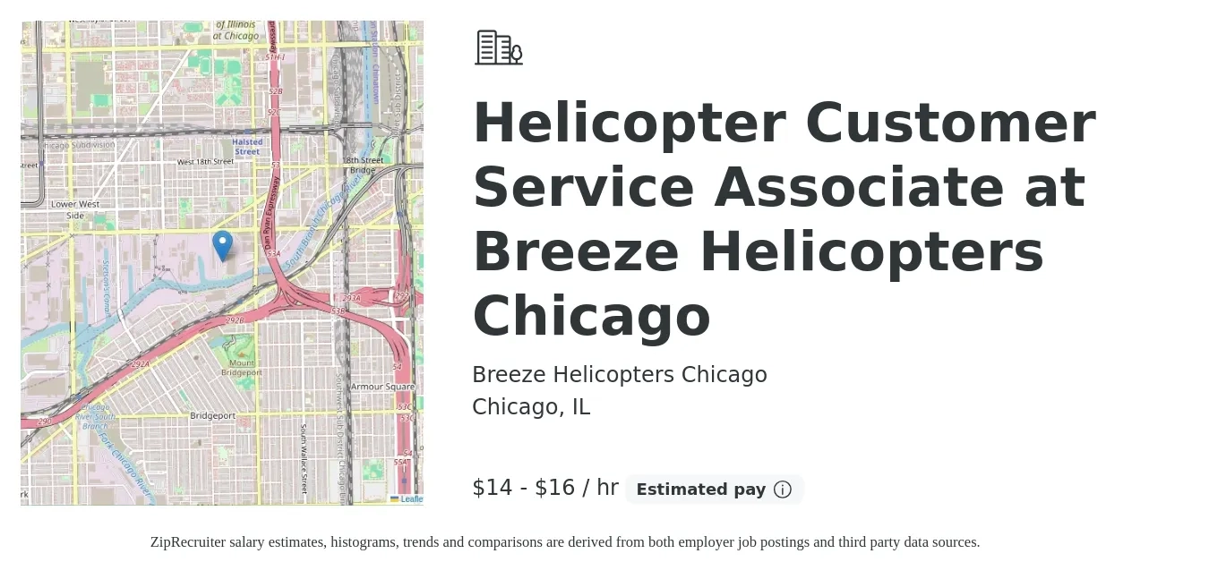 Breeze Helicopters Chicago job posting for a Helicopter Customer Service Associate at Breeze Helicopters Chicago in Chicago, IL with a salary of $15 to $17 Hourly with a map of Chicago location.