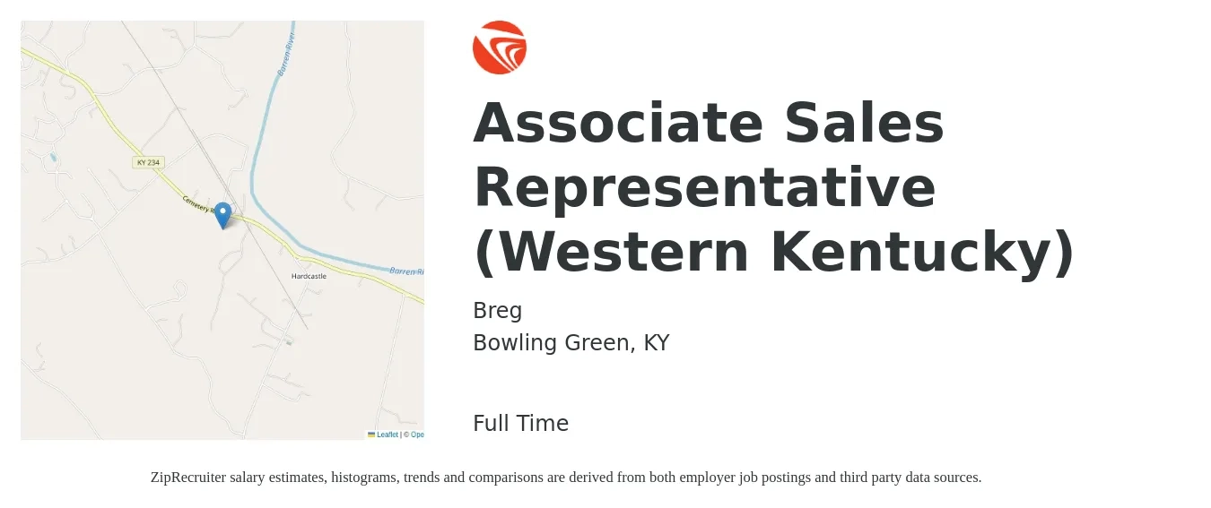 Breg, Inc. job posting for a Associate Sales Representative (Western Kentucky) in Bowling Green, KY with a salary of $51,800 to $61,800 Yearly with a map of Bowling Green location.