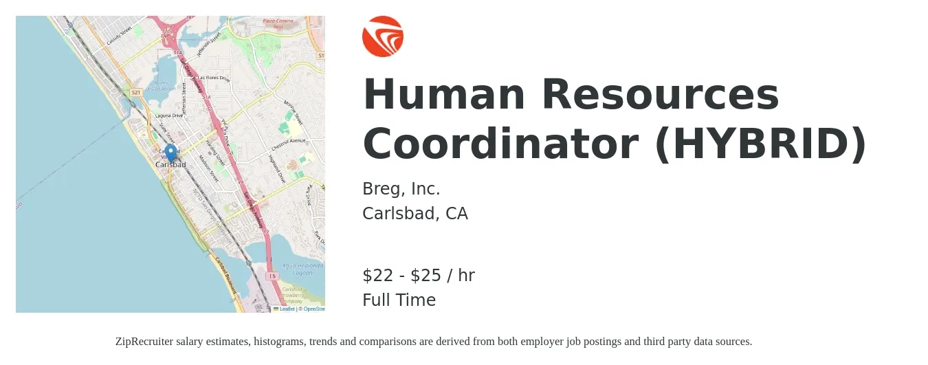 Breg, Inc. job posting for a Human Resources Coordinator (HYBRID) in Carlsbad, CA with a salary of $23 to $27 Hourly with a map of Carlsbad location.