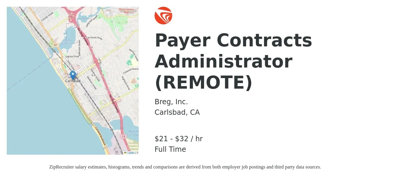 Breg, Inc. job posting for a Payer Contracts Administrator (REMOTE) in Carlsbad, CA with a salary of $23 to $34 Hourly with a map of Carlsbad location.