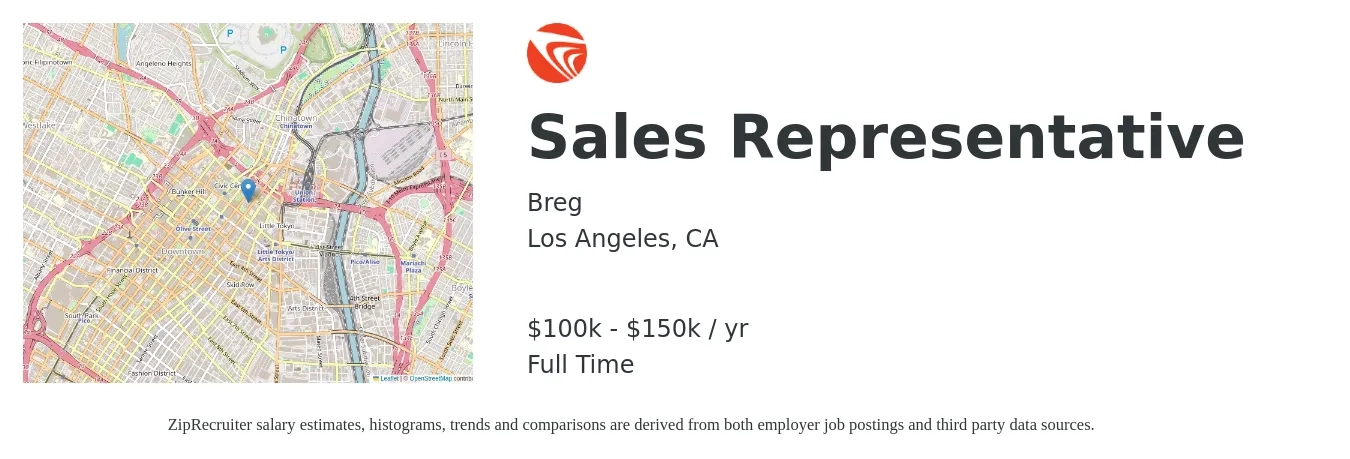 Breg, Inc. job posting for a Sales Representative in Los Angeles, CA with a salary of $100,000 to $150,000 Yearly with a map of Los Angeles location.